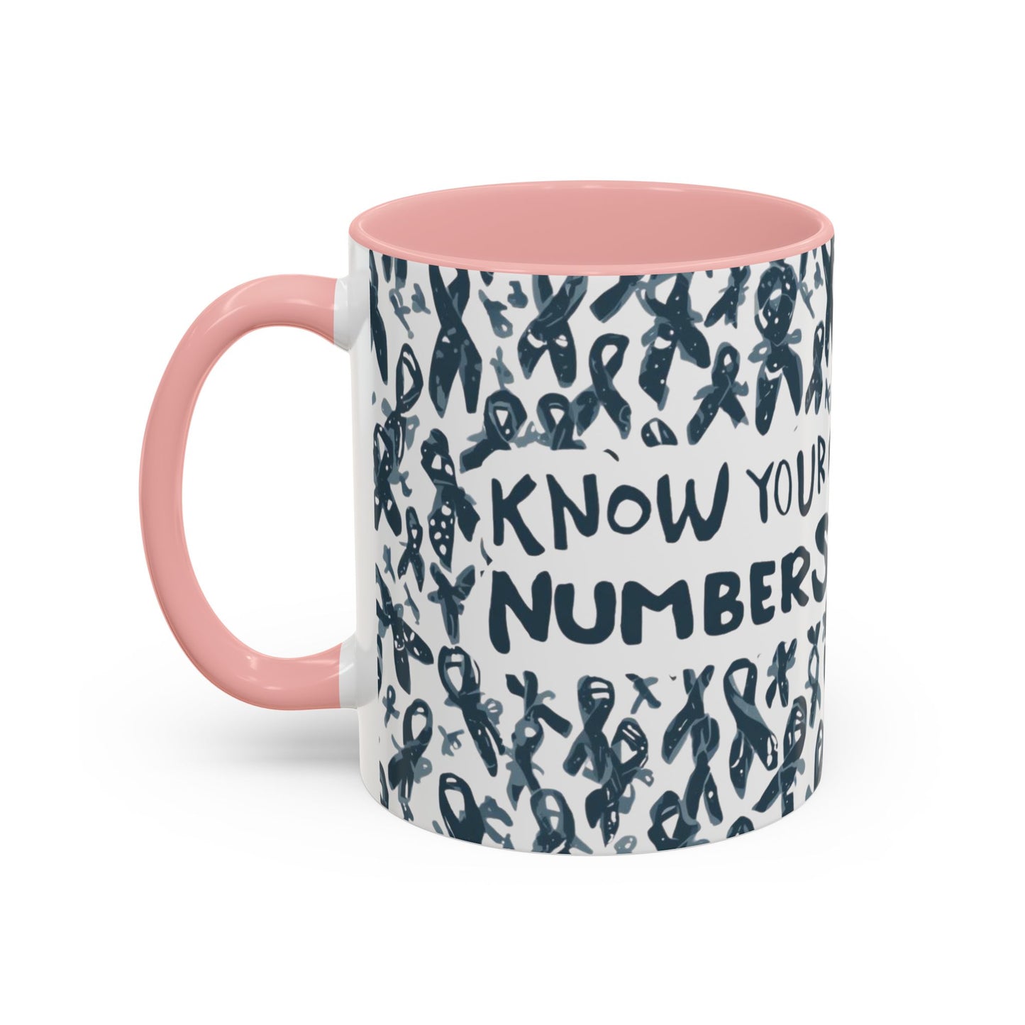 Light pink handle diabetes awareness mug with “Know Your Numbers” message and ribbon pattern — stylish 11oz coffee cup promoting health awareness.