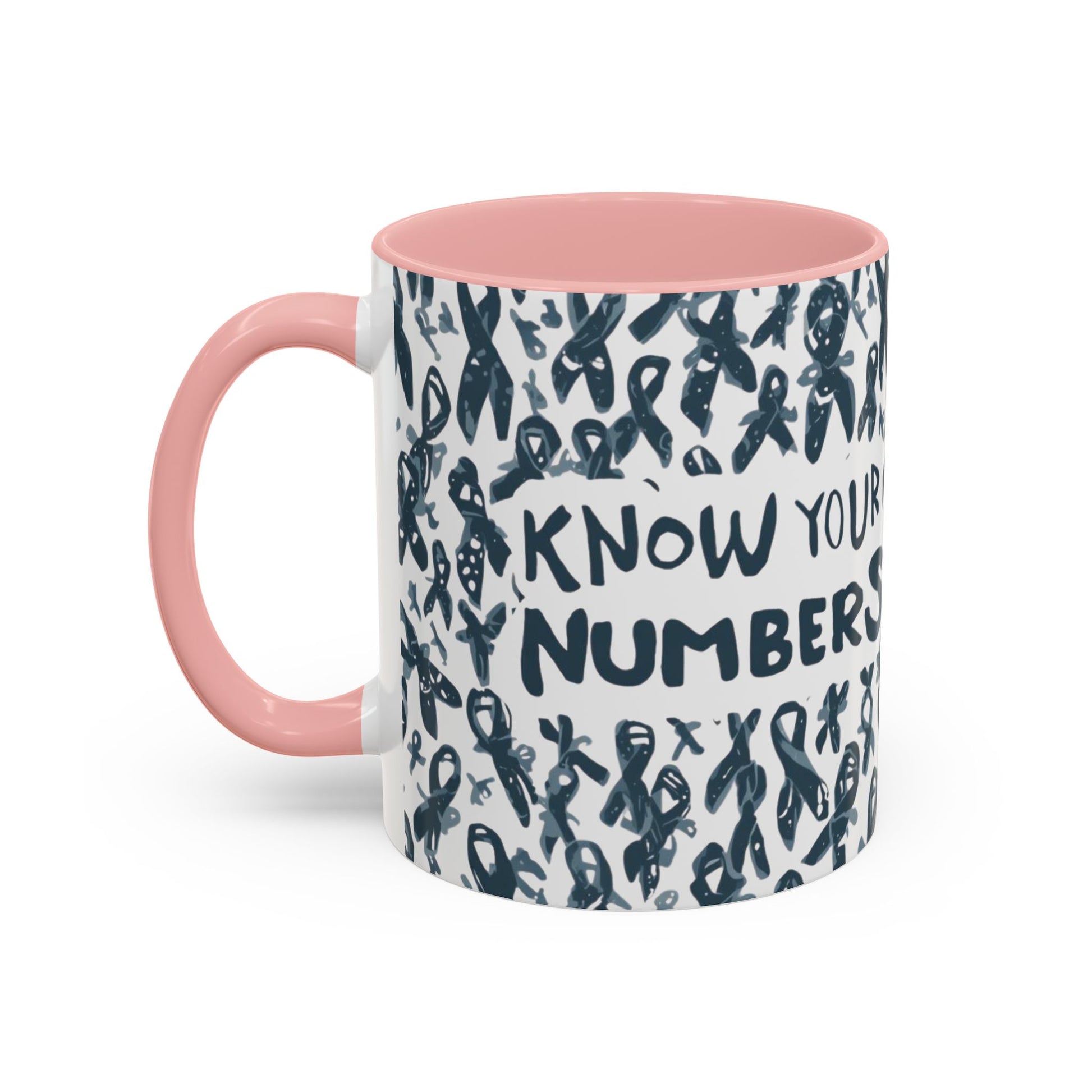 Light pink handle diabetes awareness mug with “Know Your Numbers” message and ribbon pattern — stylish 11oz coffee cup promoting health awareness.