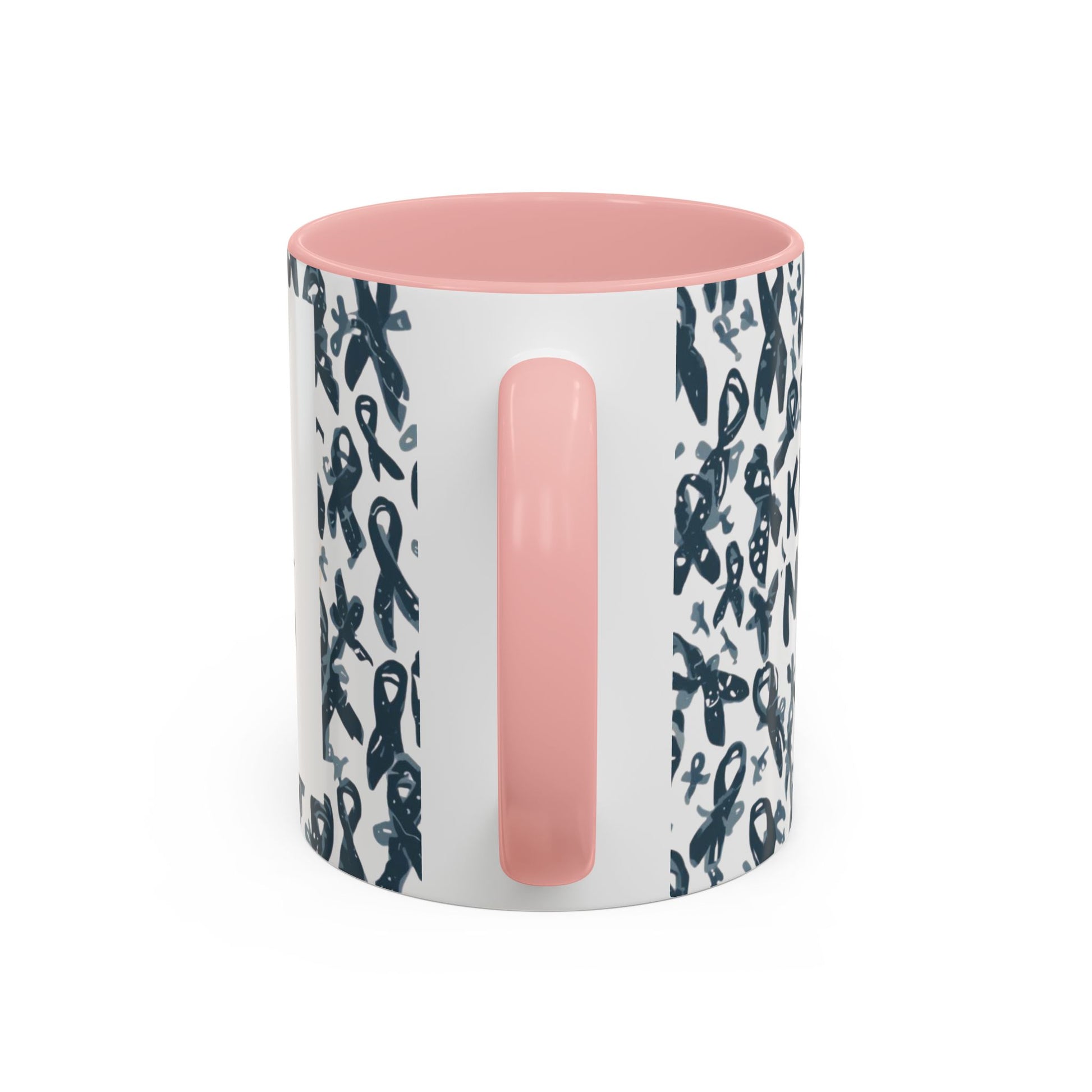 Side view of light pink-handled diabetes awareness mug — glossy ceramic accent mug with awareness ribbon background and motivational design.