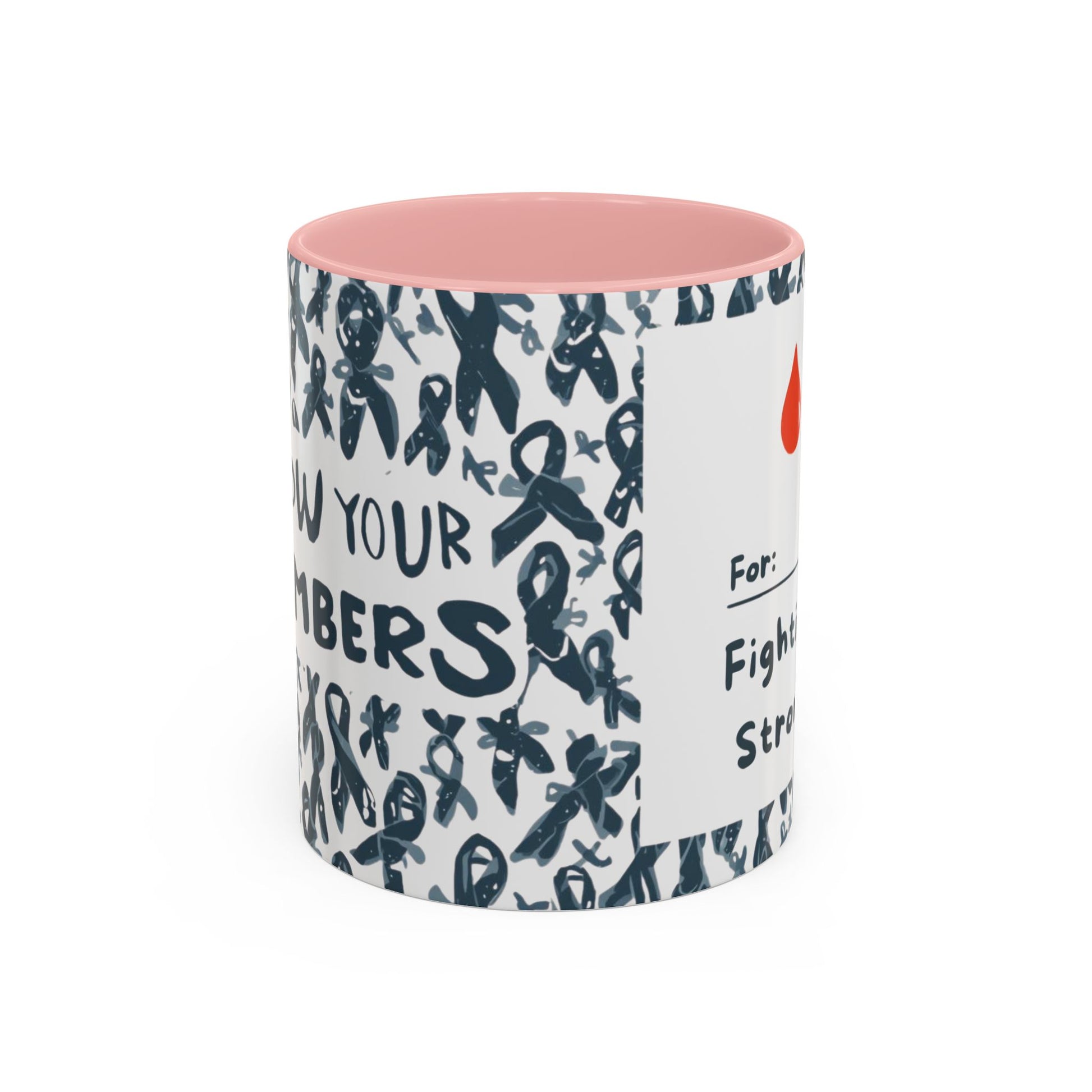 Light pink accent diabetes awareness mug featuring “For: Fighting Strong” text with red blood drop — empowering 11oz ceramic coffee mug for awareness and support.