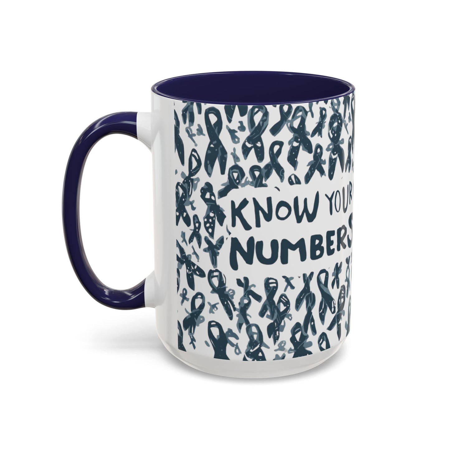 Navy handle 15oz diabetes awareness mug showing “Know Your Numbers” text and ribbon illustrations — motivational mug encouraging health tracking and advocacy.