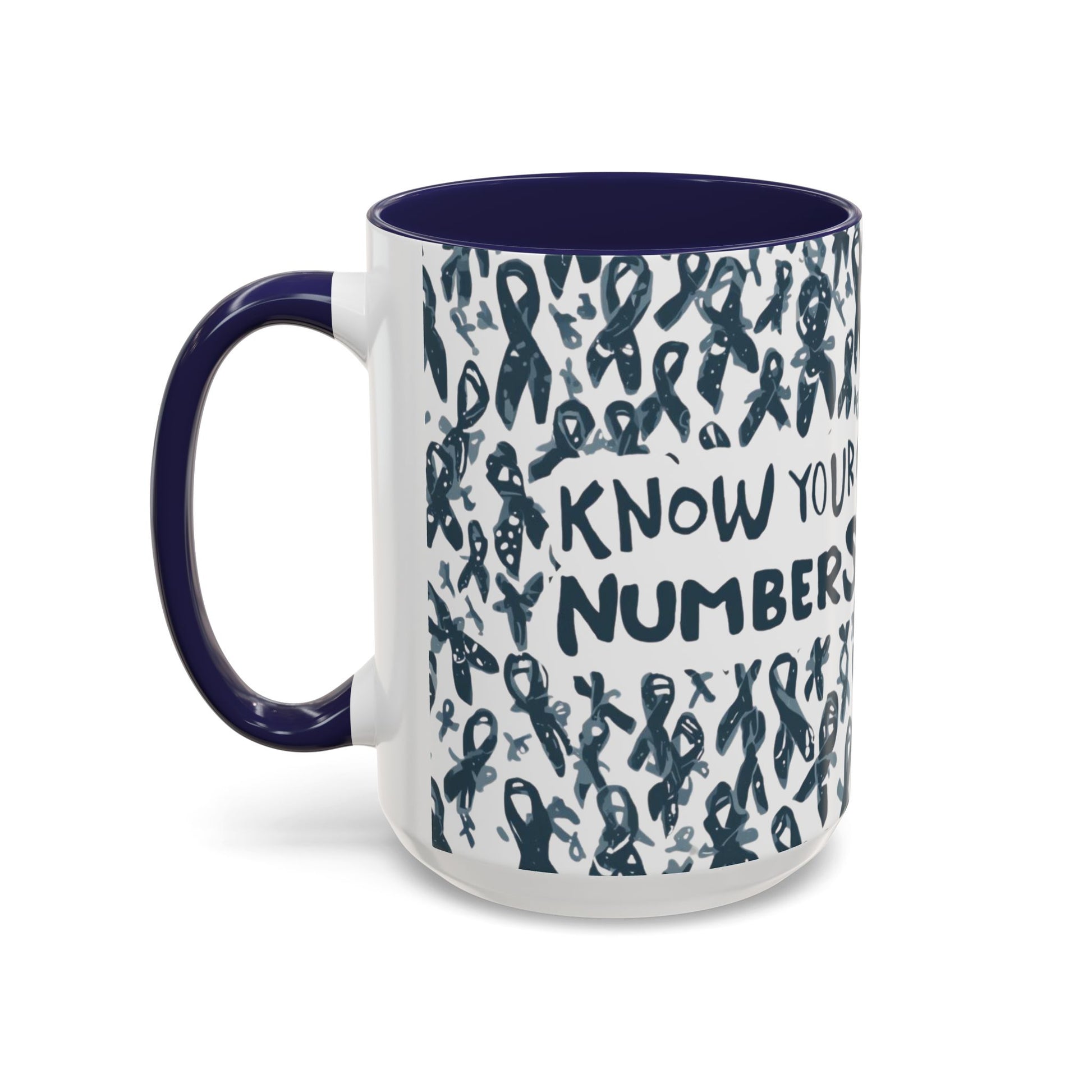 Navy handle 15oz diabetes awareness mug showing “Know Your Numbers” text and ribbon illustrations — motivational mug encouraging health tracking and advocacy.