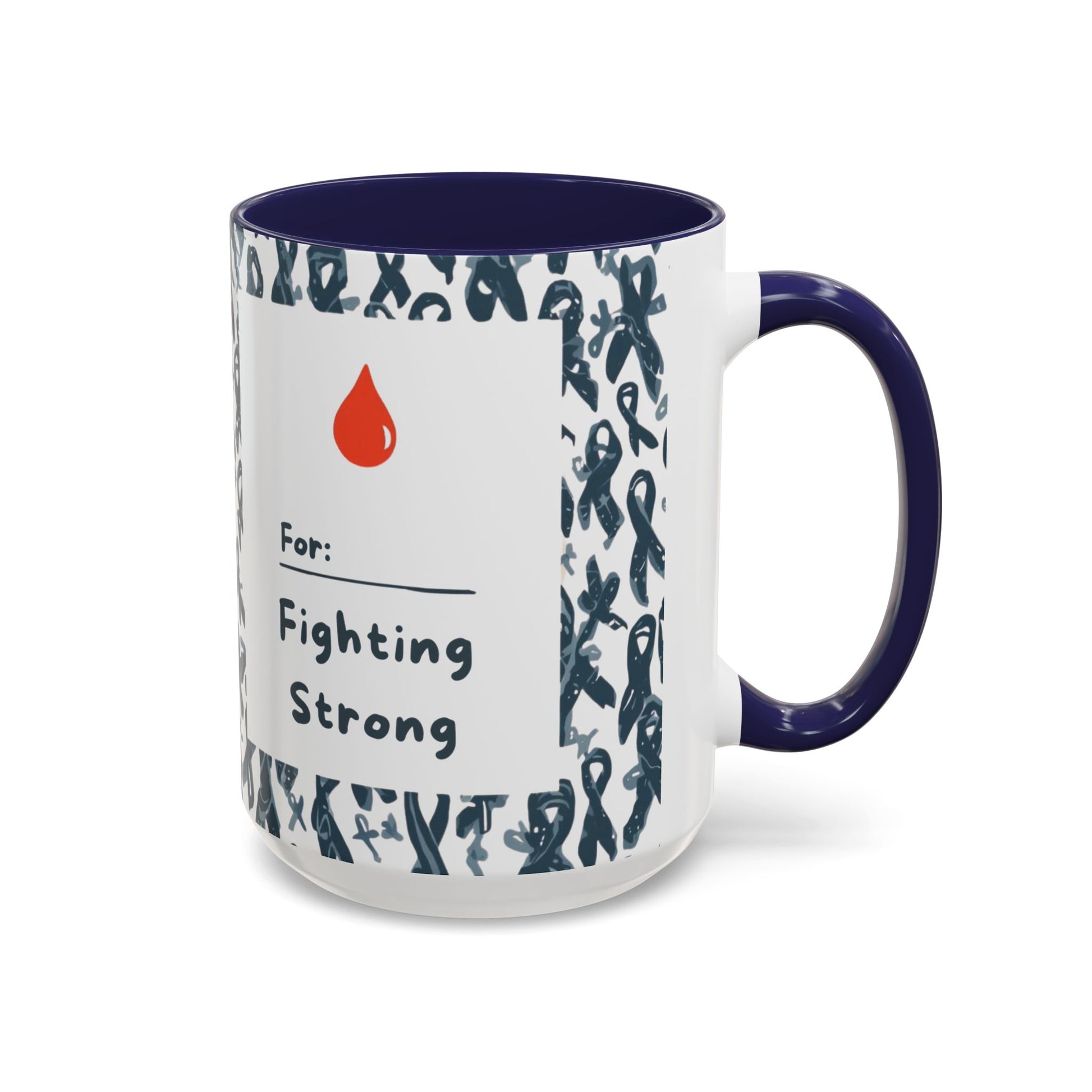 Navy 15oz diabetes awareness mug featuring “For: Fighting Strong” with red blood drop — bold ceramic coffee cup spreading diabetes awareness and hope.