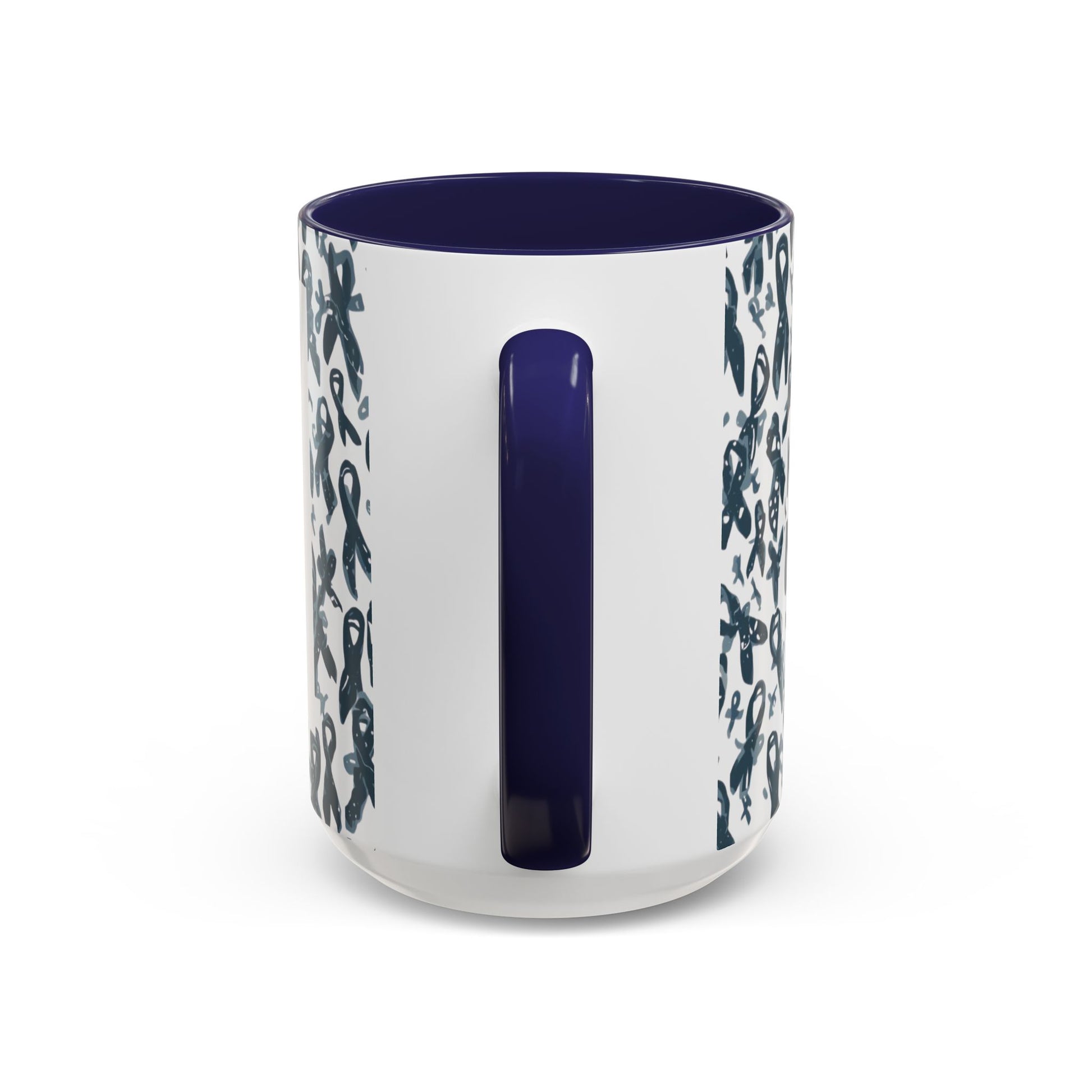 Side view of navy 15oz diabetes awareness mug — glossy ceramic cup with awareness ribbon pattern and empowering message for wellness.