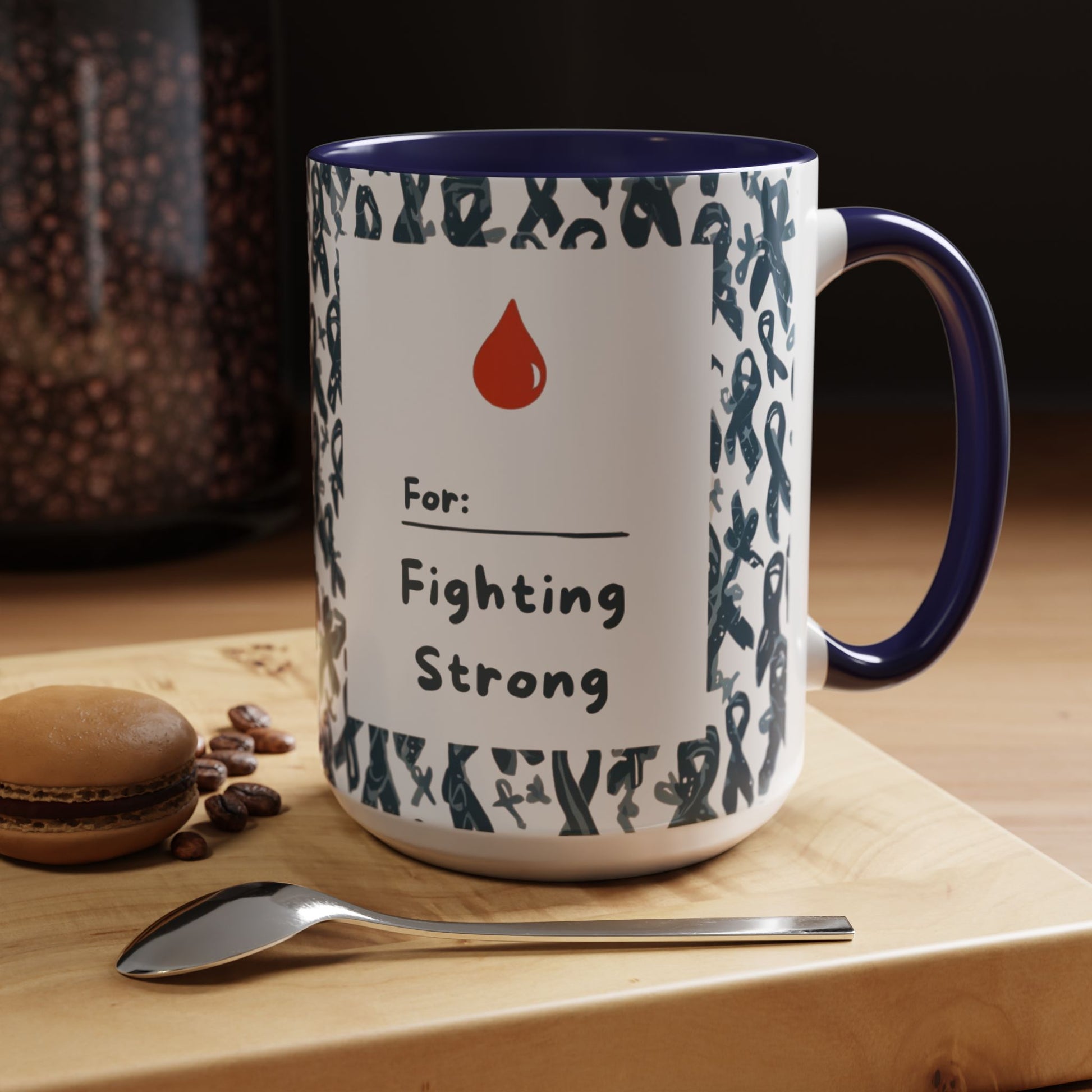 Navy accent 15oz diabetes awareness mug on kitchen table beside coffee beans — “For: Fighting Strong” design symbolizing strength, faith, and self-care.