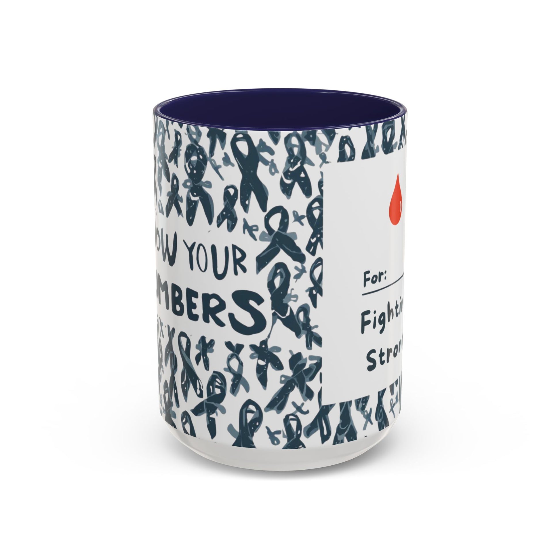 Navy 15oz diabetes awareness mug featuring “For: Fighting Strong” with red blood drop — bold ceramic coffee cup spreading diabetes awareness and hope.