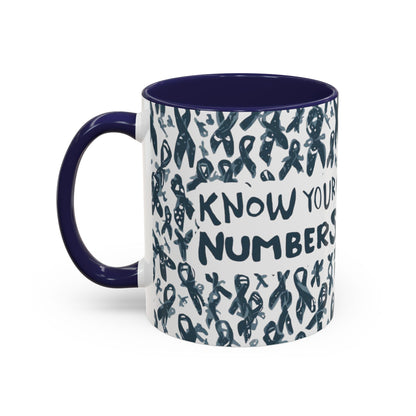 Navy handle diabetes awareness mug featuring “Know Your Numbers” text with ribbon illustration — 11oz mug for diabetes awareness and education.