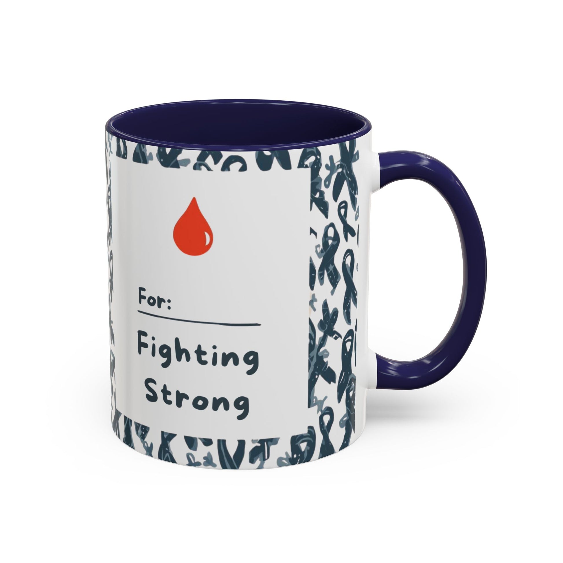 Navy blue accent diabetes awareness mug with “For: Fighting Strong” message and red blood drop — 11oz ceramic mug supporting health awareness and strength.