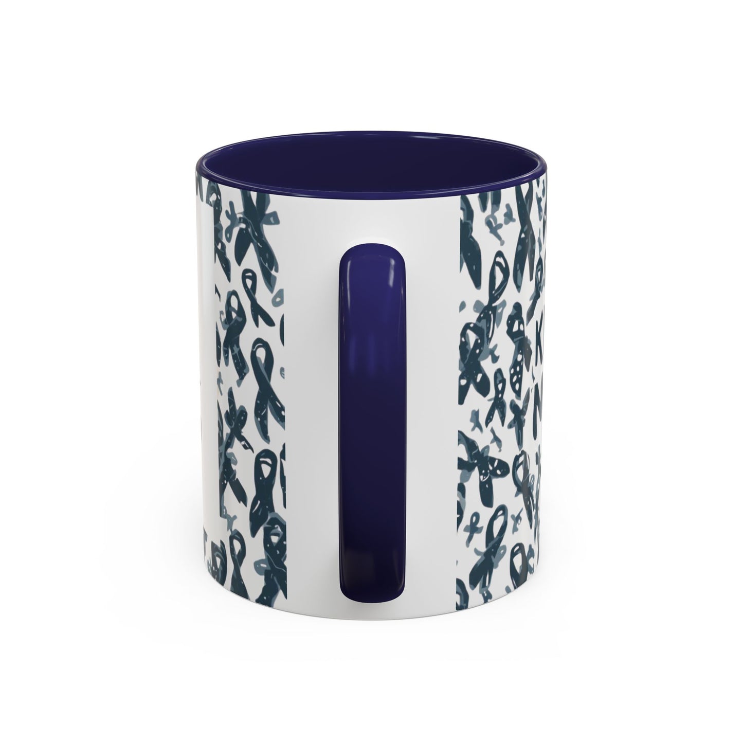 Side view of navy-handled diabetes awareness accent mug — glossy ceramic 11oz cup with awareness ribbon pattern for health advocacy.