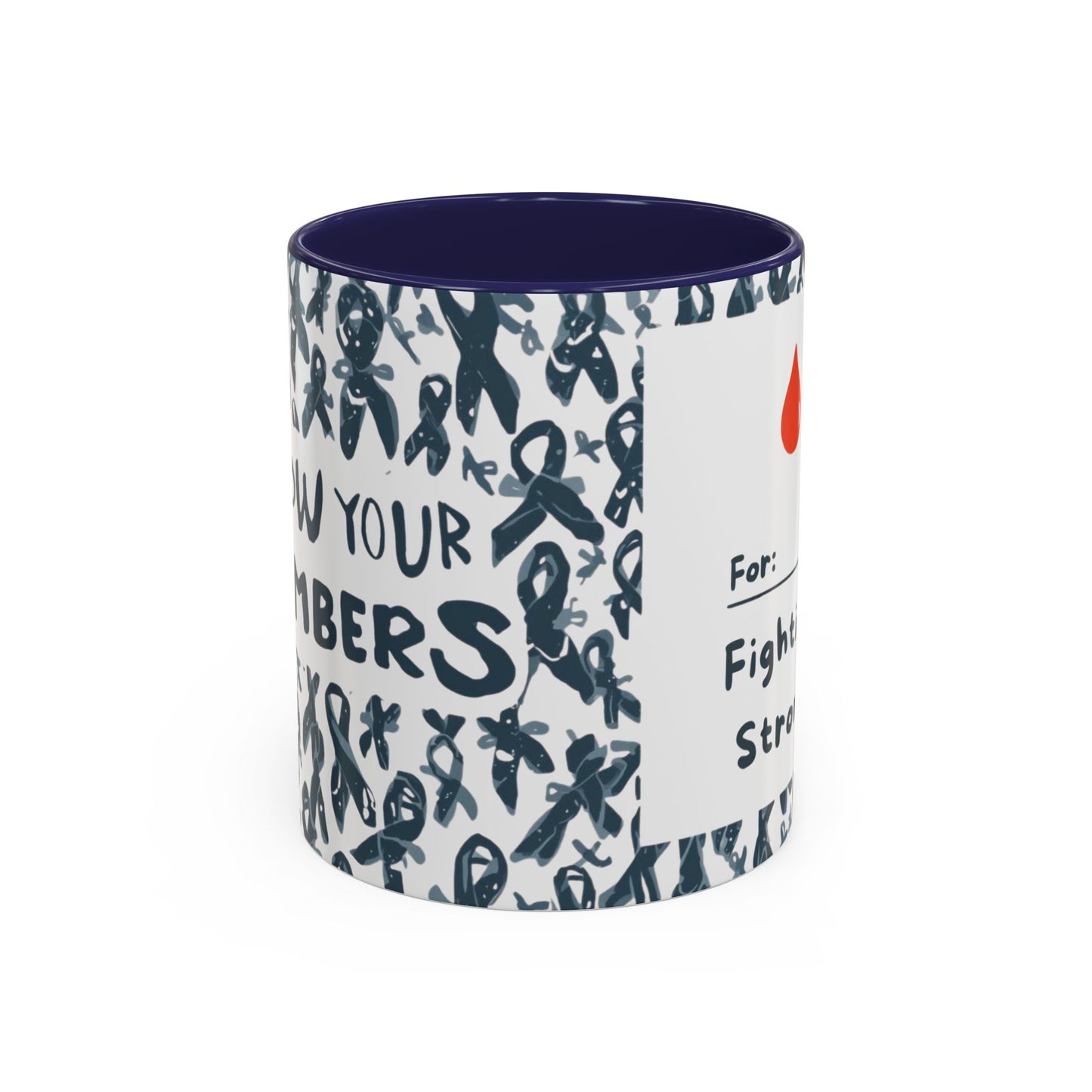Navy blue accent diabetes awareness mug with “For: Fighting Strong” message and red blood drop — 11oz ceramic mug supporting health awareness and strength.