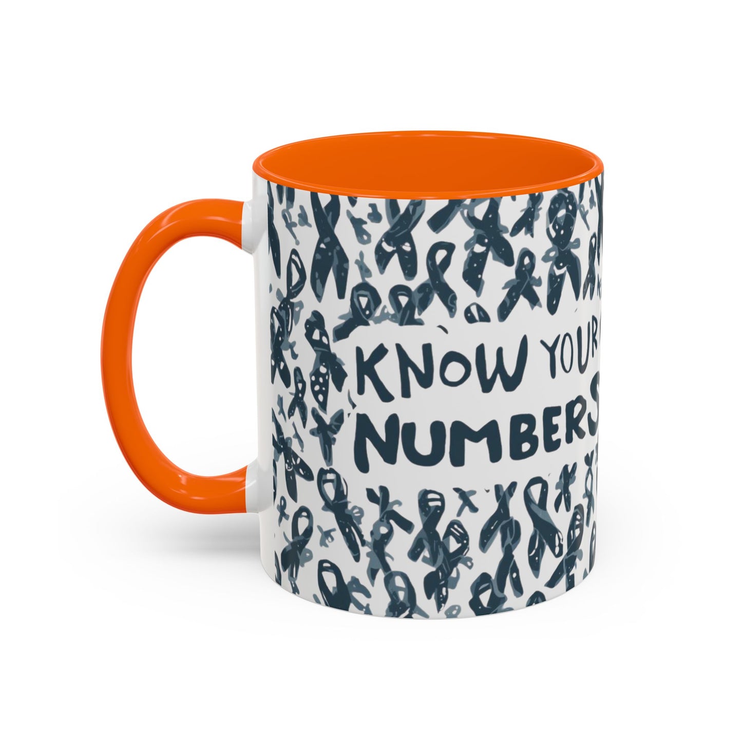 Orange handle diabetes awareness mug featuring “Know Your Numbers” text — 11oz ceramic mug designed to spread diabetes awareness.