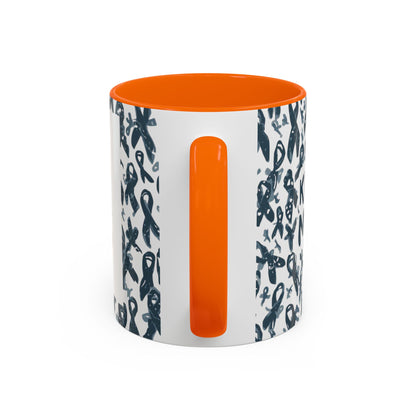 Side view of orange-handled diabetes awareness mug — bold accent color with awareness ribbon pattern on white ceramic base.