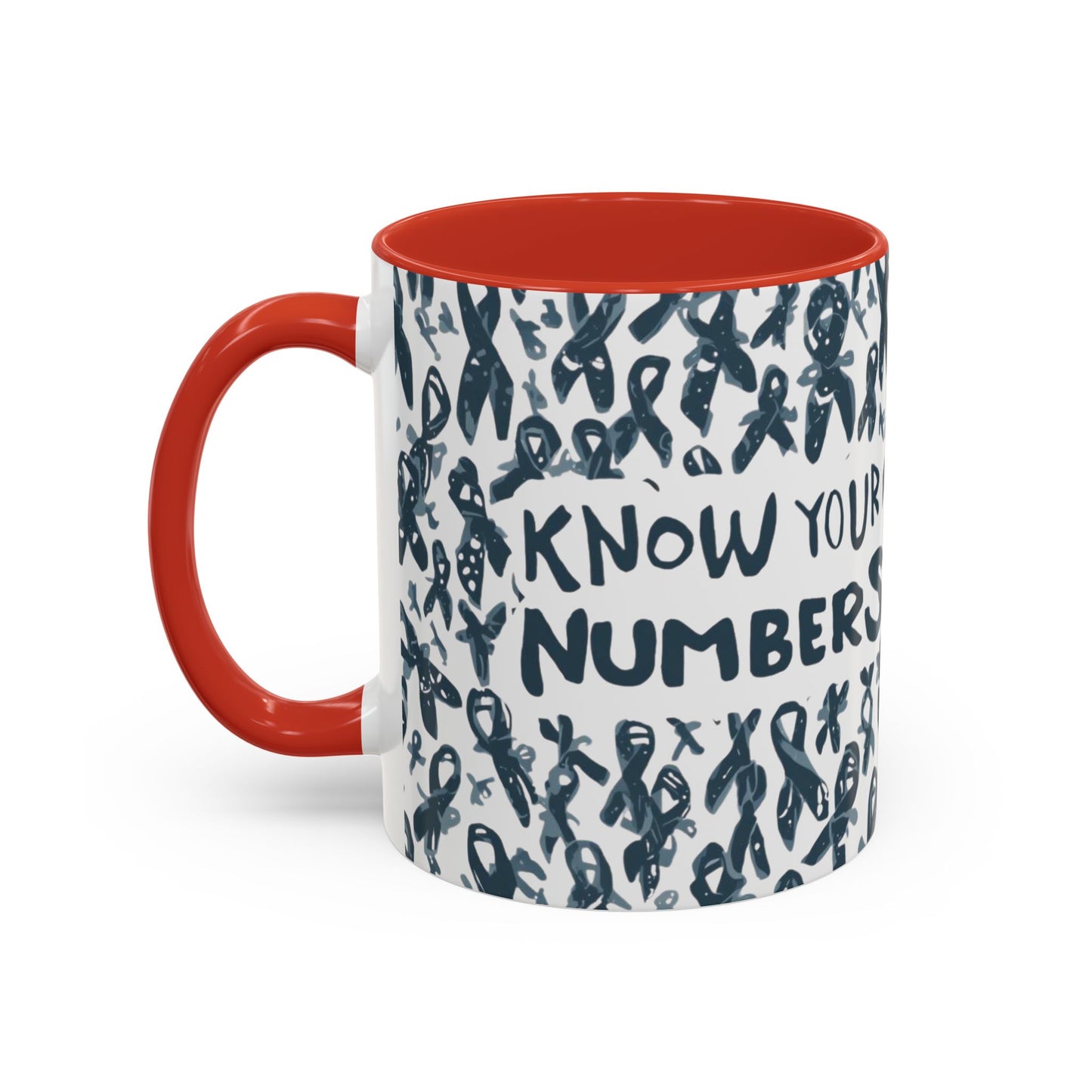 Red-handle 11oz diabetes awareness mug with “Know Your Numbers” message and blue ribbon pattern — inspirational ceramic mug promoting education and awareness.