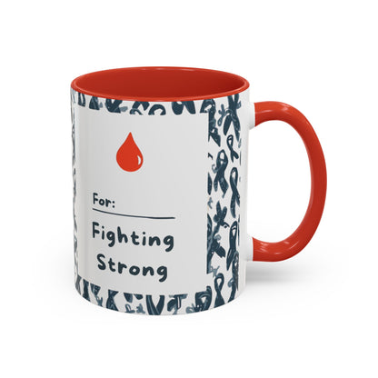 Red 11oz diabetes awareness mug featuring “For: Fighting Strong” with a red blood drop — motivational ceramic coffee cup for health advocacy and support.