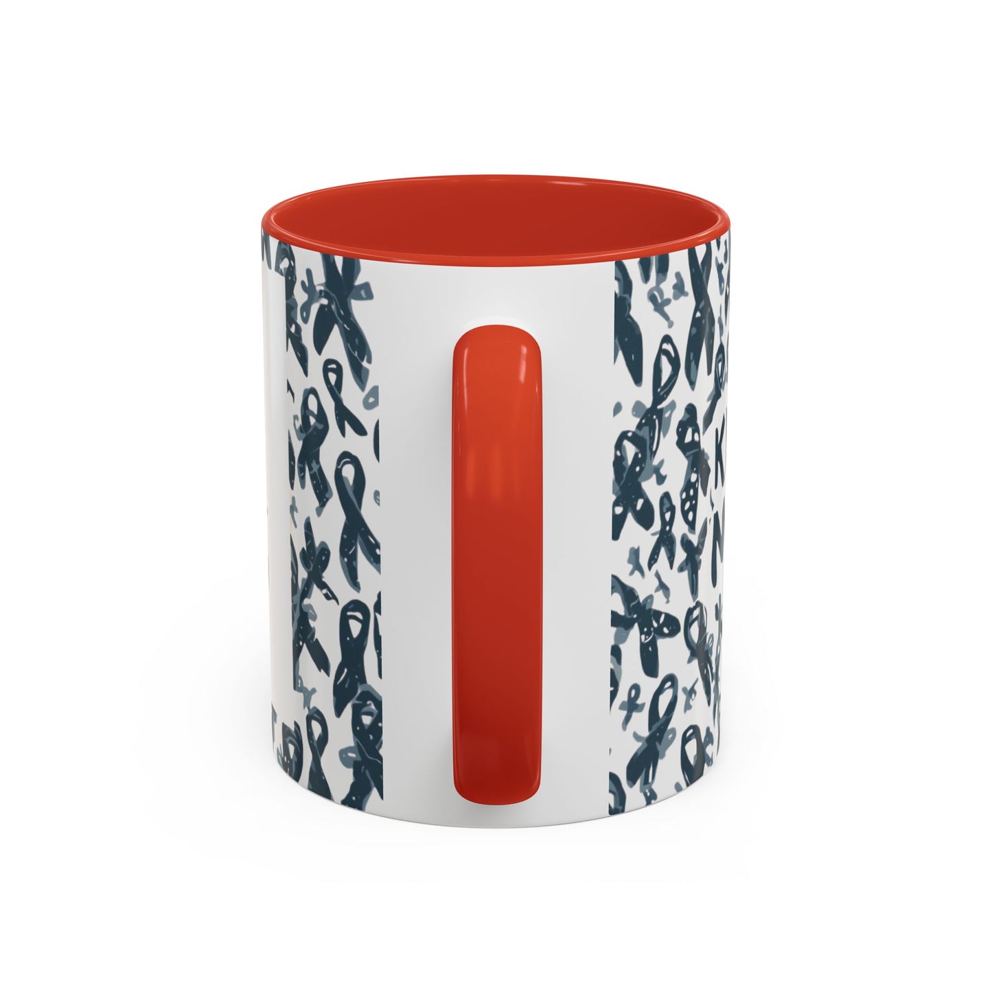 Side view of red-handled 11oz diabetes awareness mug — glossy ceramic accent cup with awareness ribbon details and encouraging design.