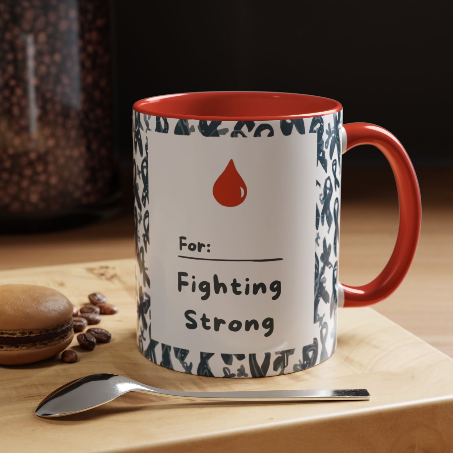 Red accent 11oz diabetes awareness mug on wooden table beside coffee and dessert — “For: Fighting Strong” design symbolizing strength, faith, and daily empowerment.
