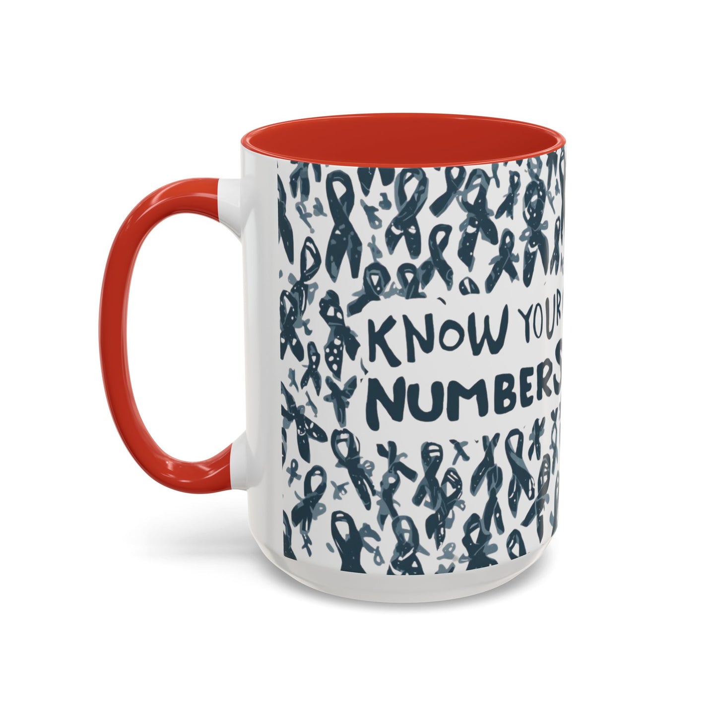 Red handle 15oz diabetes awareness mug with “Know Your Numbers” typography and ribbon illustration — motivational ceramic coffee mug for awareness and advocacy.