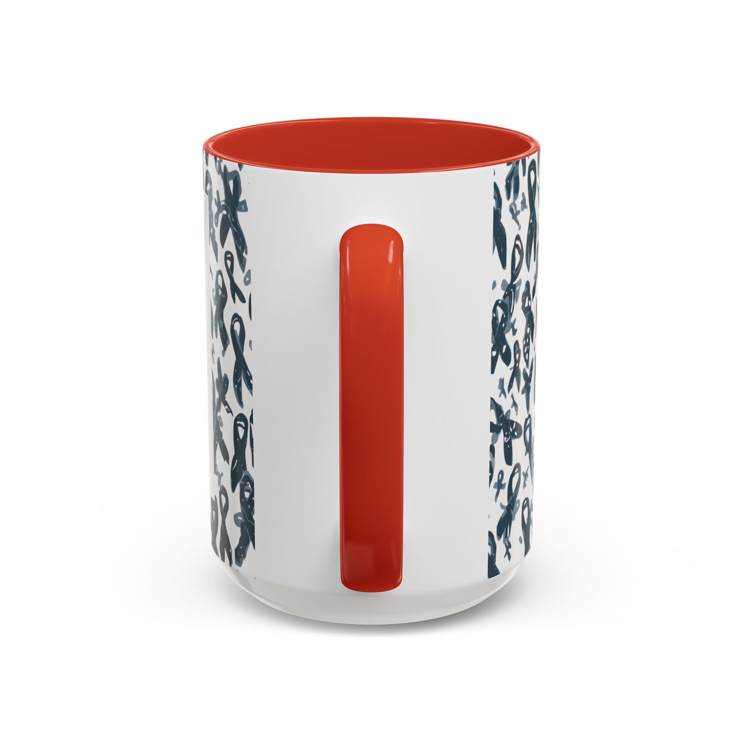 Side view of red-handled 15oz diabetes awareness accent mug — glossy ceramic cup with awareness ribbon print and inspirational message.