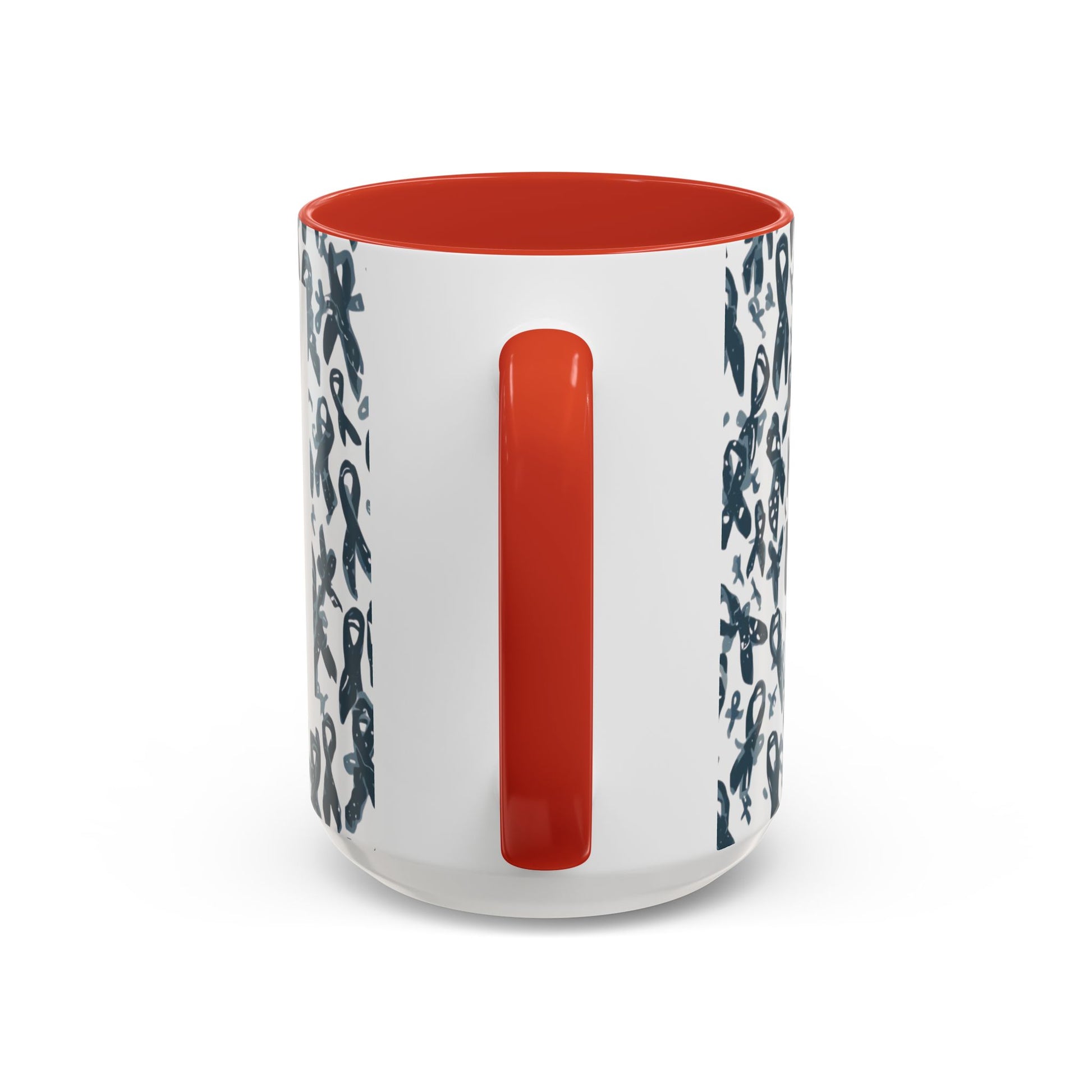 Side view of red-handled 15oz diabetes awareness accent mug — glossy ceramic cup with awareness ribbon print and inspirational message.