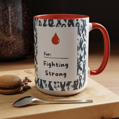 Red 15oz diabetes awareness mug displayed on wooden table beside dessert and coffee beans — “For: Fighting Strong” design encouraging empowerment and awareness.
