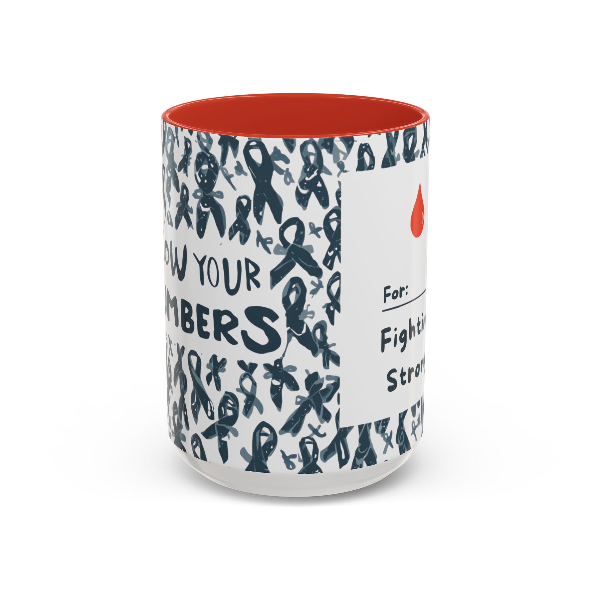 Red 15oz diabetes awareness mug featuring “For: Fighting Strong” message with red blood drop — bold ceramic coffee cup for health awareness and motivation.