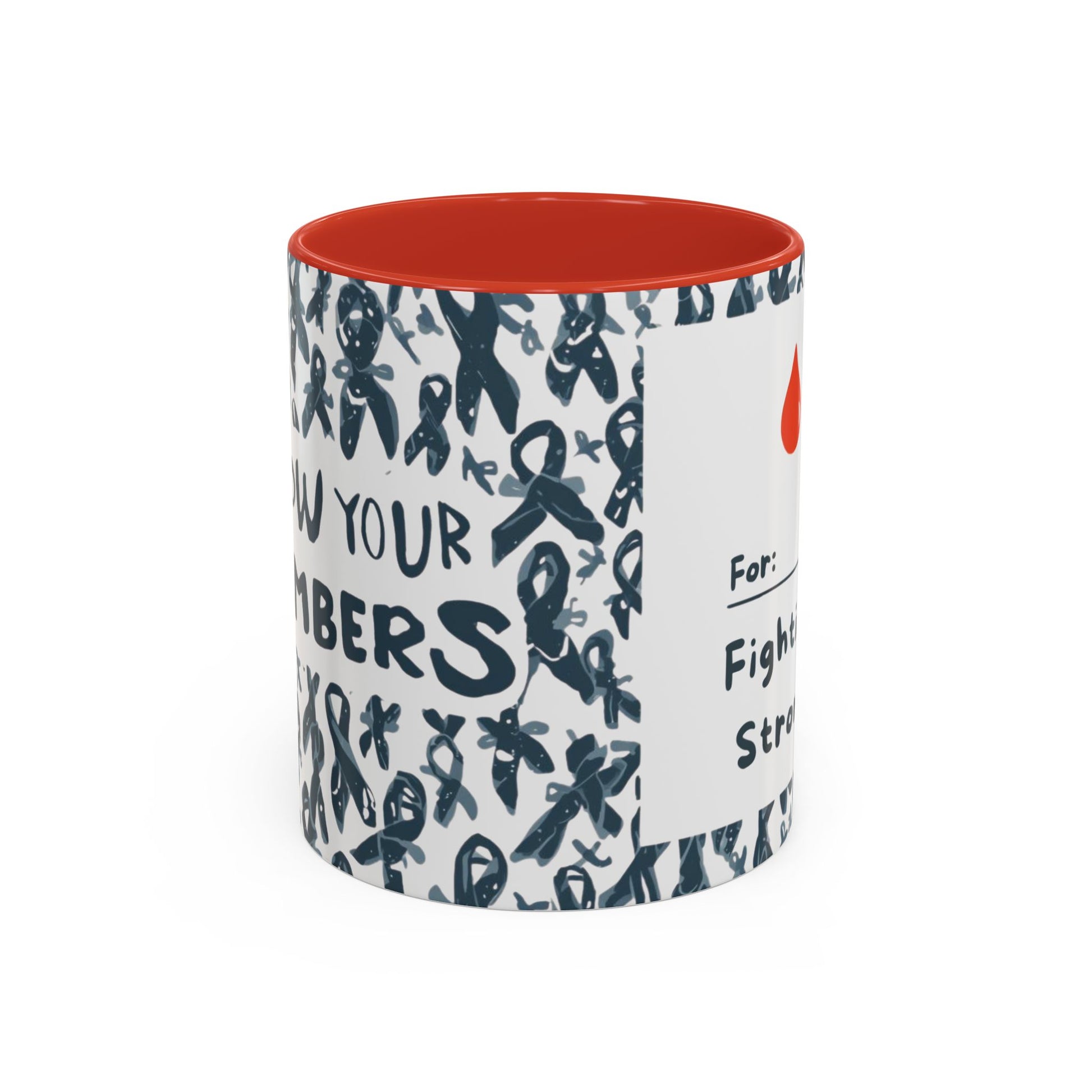 Red accent diabetes awareness mug with “For: Fighting Strong” text and red blood drop — bold 11oz ceramic coffee mug symbolizing health, courage, and advocacy.