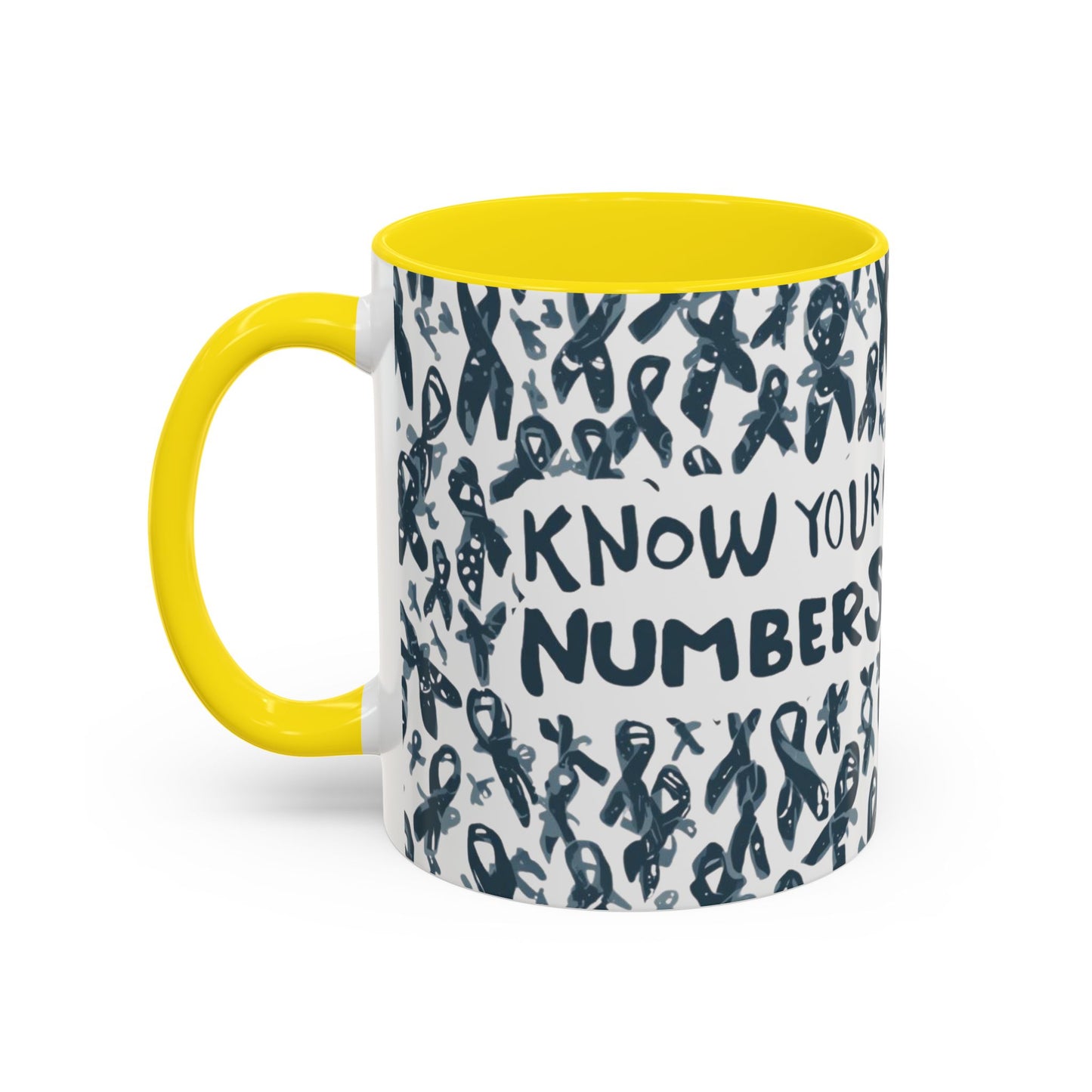 Yellow handle diabetes awareness mug featuring “Know Your Numbers” text surrounded by awareness ribbons — educational and motivational design.