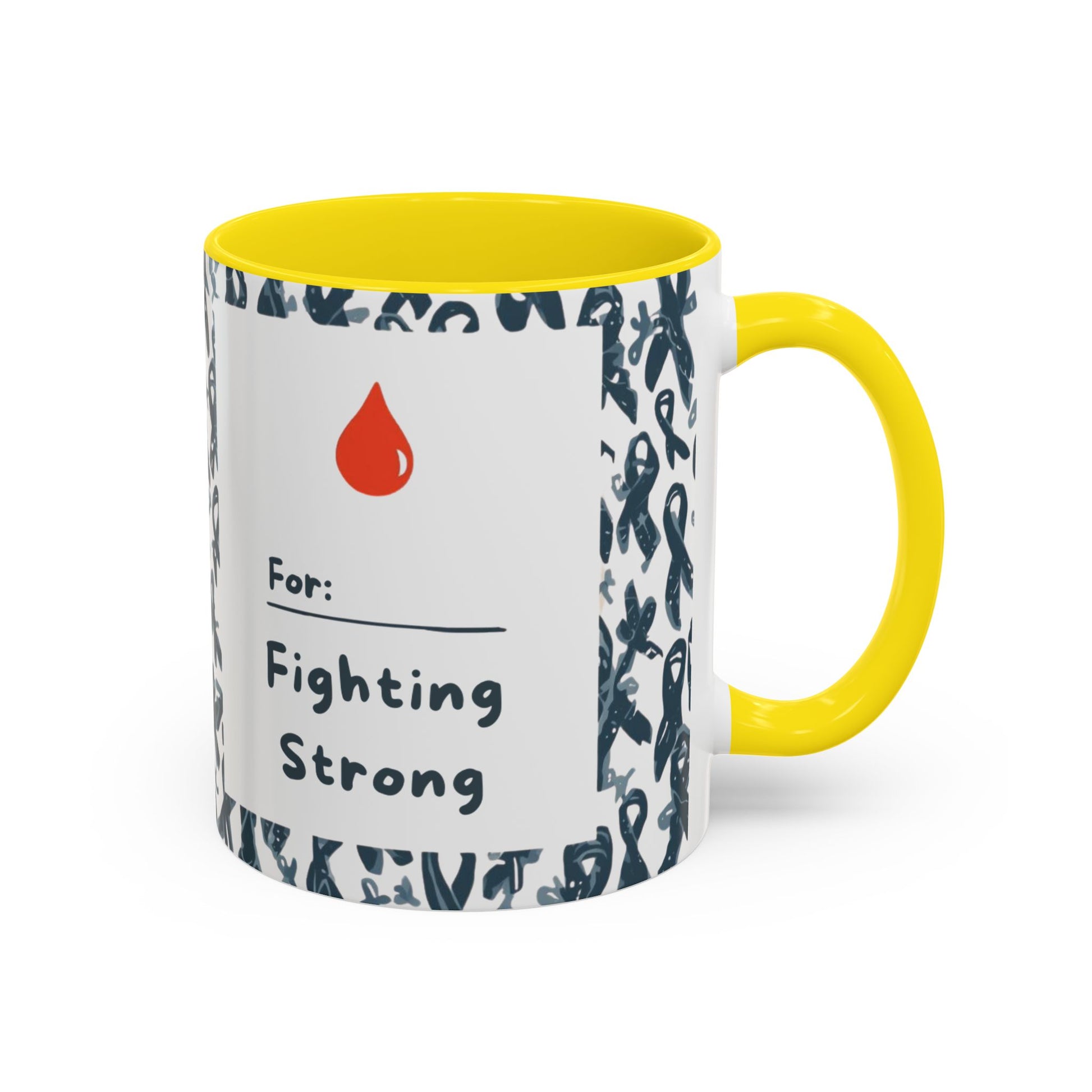 Yellow accent diabetes awareness mug with “For: Fighting Strong” text and red blood drop — 11oz ceramic coffee mug for awareness and support.
