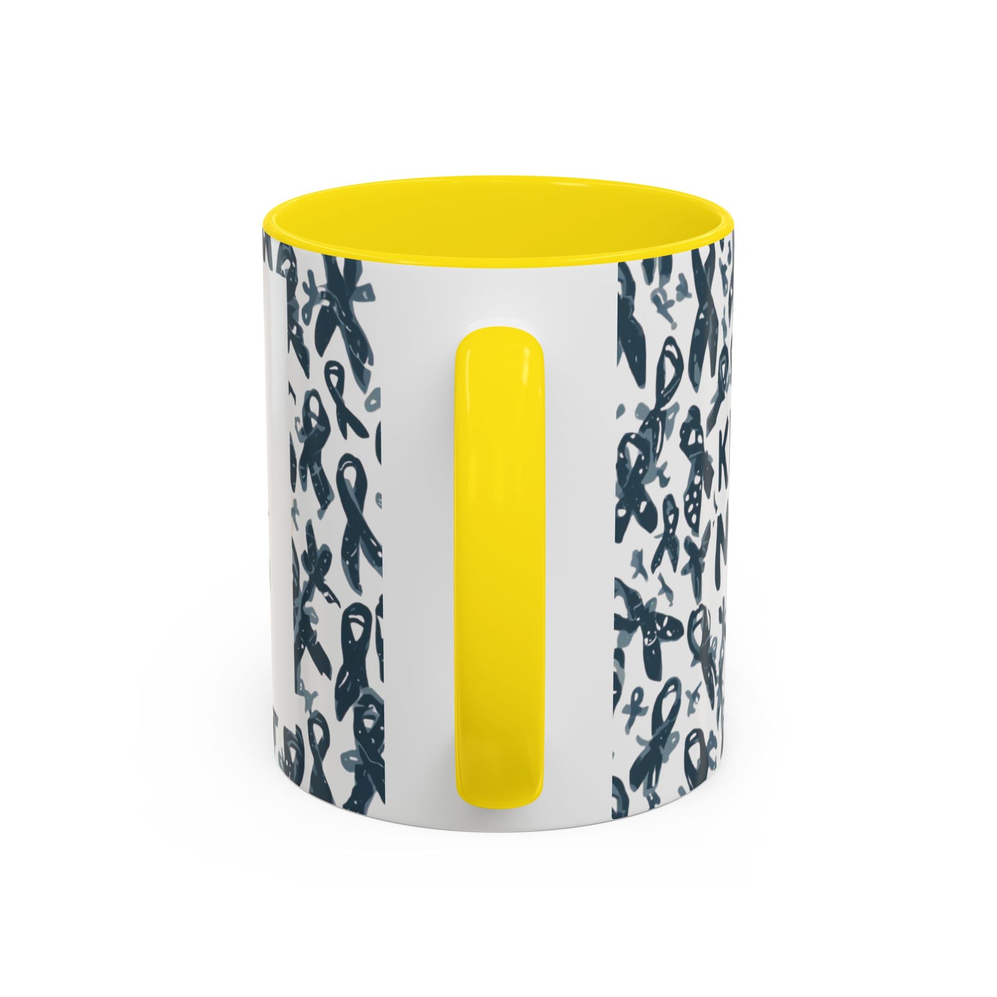 Side view of yellow-handled diabetes awareness accent mug with awareness ribbon pattern — durable 11oz ceramic coffee cup.