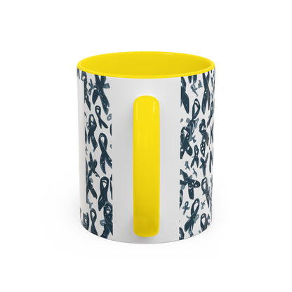 Side view of yellow-handled diabetes awareness accent mug with awareness ribbon pattern — durable 11oz ceramic coffee cup.