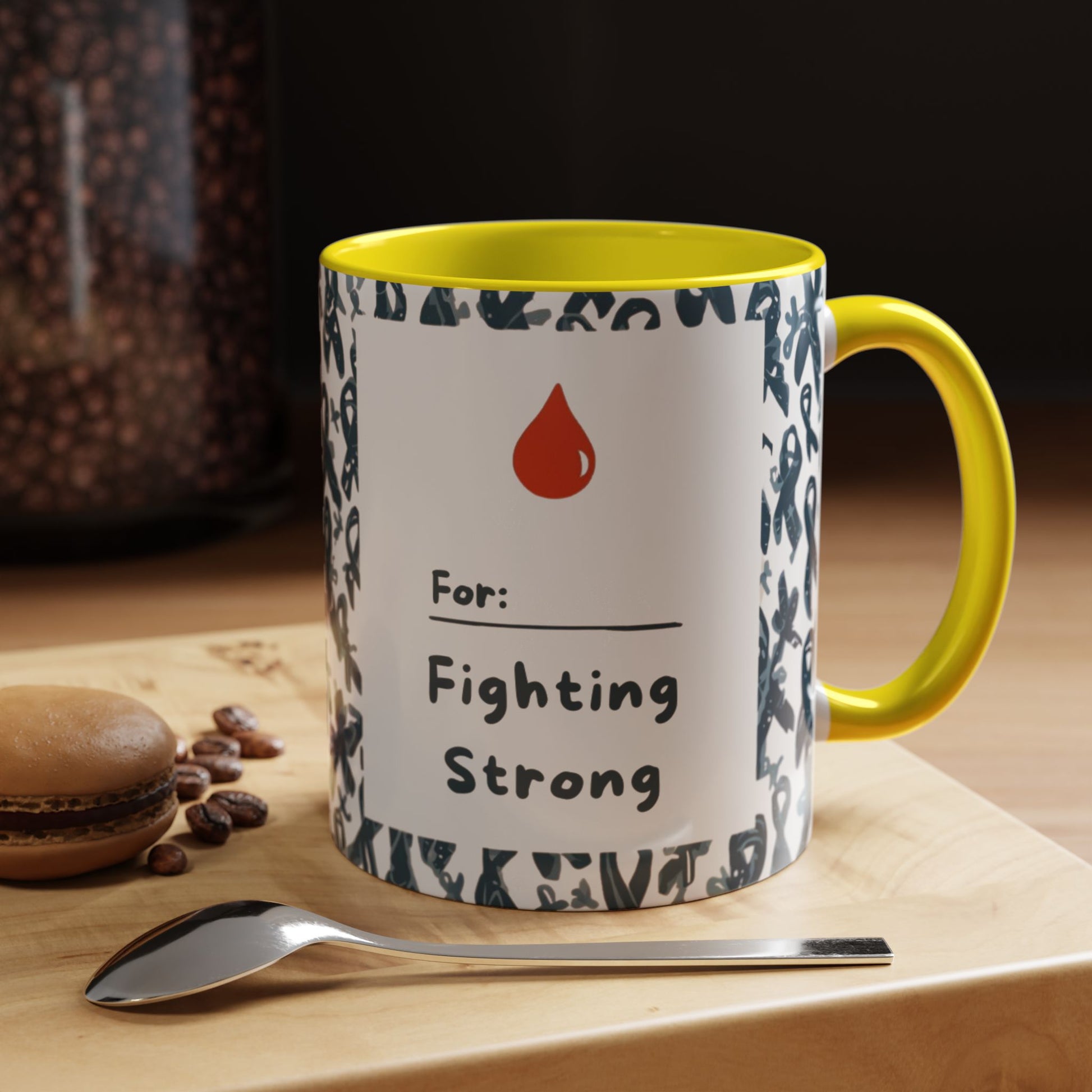 Yellow accent diabetes awareness mug on wooden counter — “For: Fighting Strong” design inspiring hope and awareness during morning coffee.