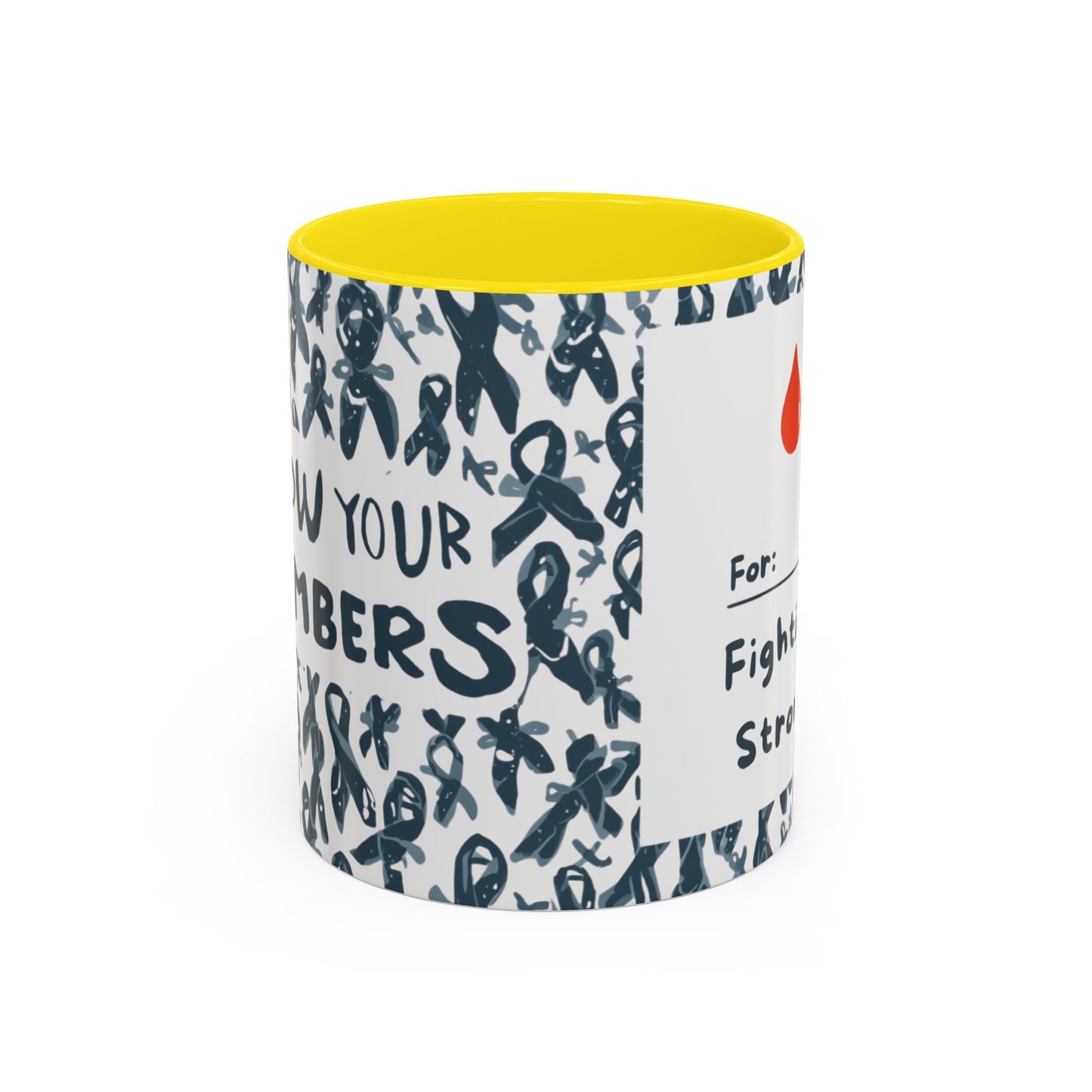 Yellow accent diabetes awareness mug with “For: Fighting Strong” text and red blood drop — 11oz ceramic coffee mug for awareness and support.