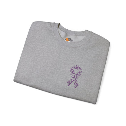 Folded athletic heather gray crewneck sweatshirt featuring purple heart-shaped ribbon design supporting domestic violence awareness, Makin’ It by Lady Ev.