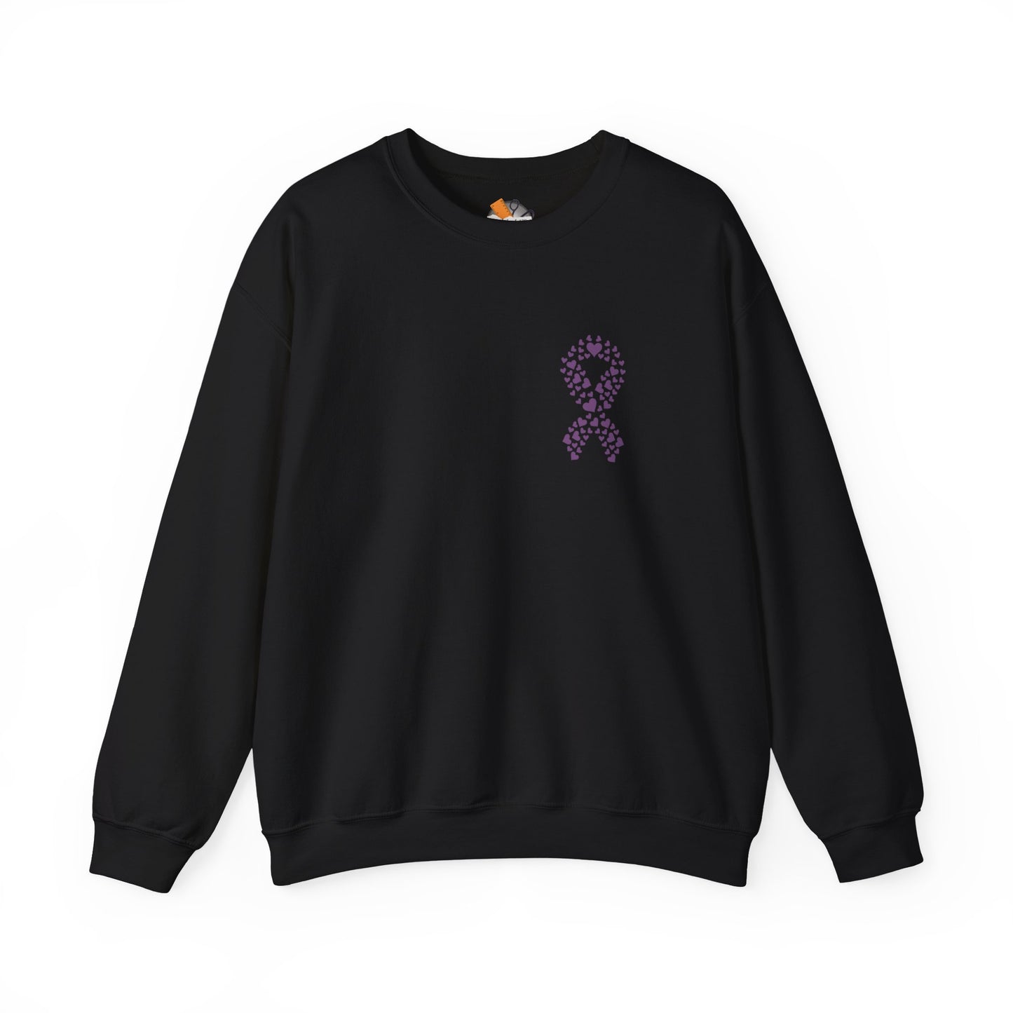 Black domestic violence awareness crewneck sweatshirt with purple ribbon made of hearts, Makin’ It by Lady Ev.