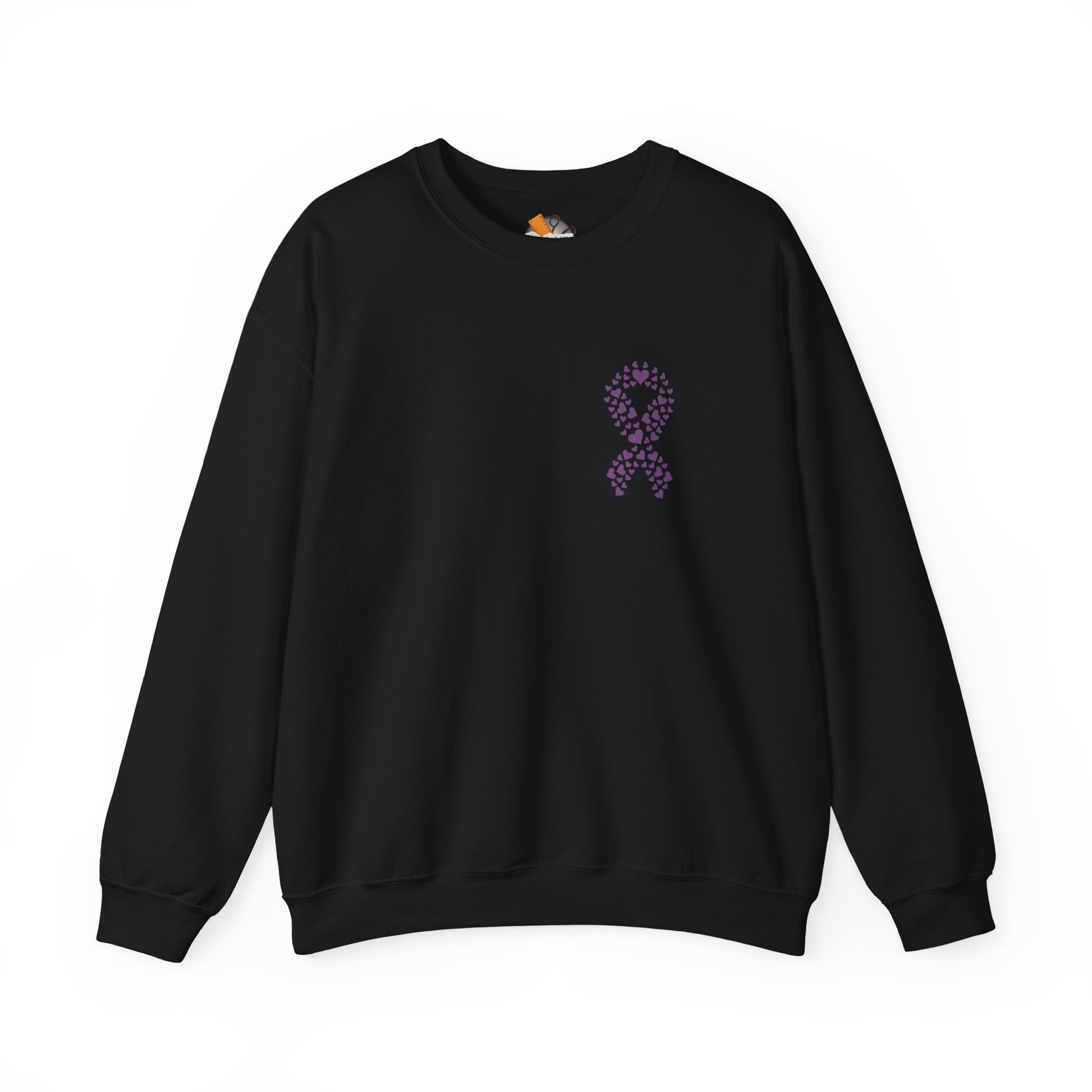 Black domestic violence awareness crewneck sweatshirt with purple ribbon made of hearts, Makin’ It by Lady Ev.
