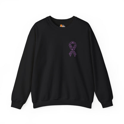 Black domestic violence awareness crewneck sweatshirt with purple ribbon made of hearts, Makin’ It by Lady Ev.