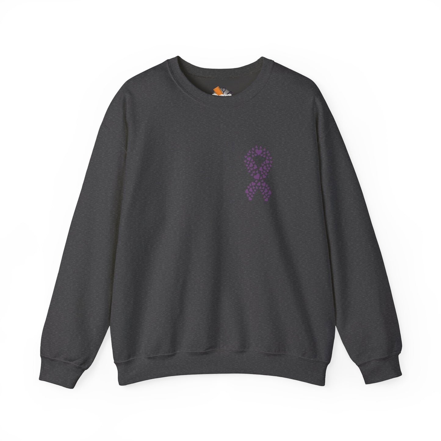 Charcoal gray domestic violence awareness crewneck sweatshirt with purple ribbon of hearts design, Makin’ It by Lady Ev.