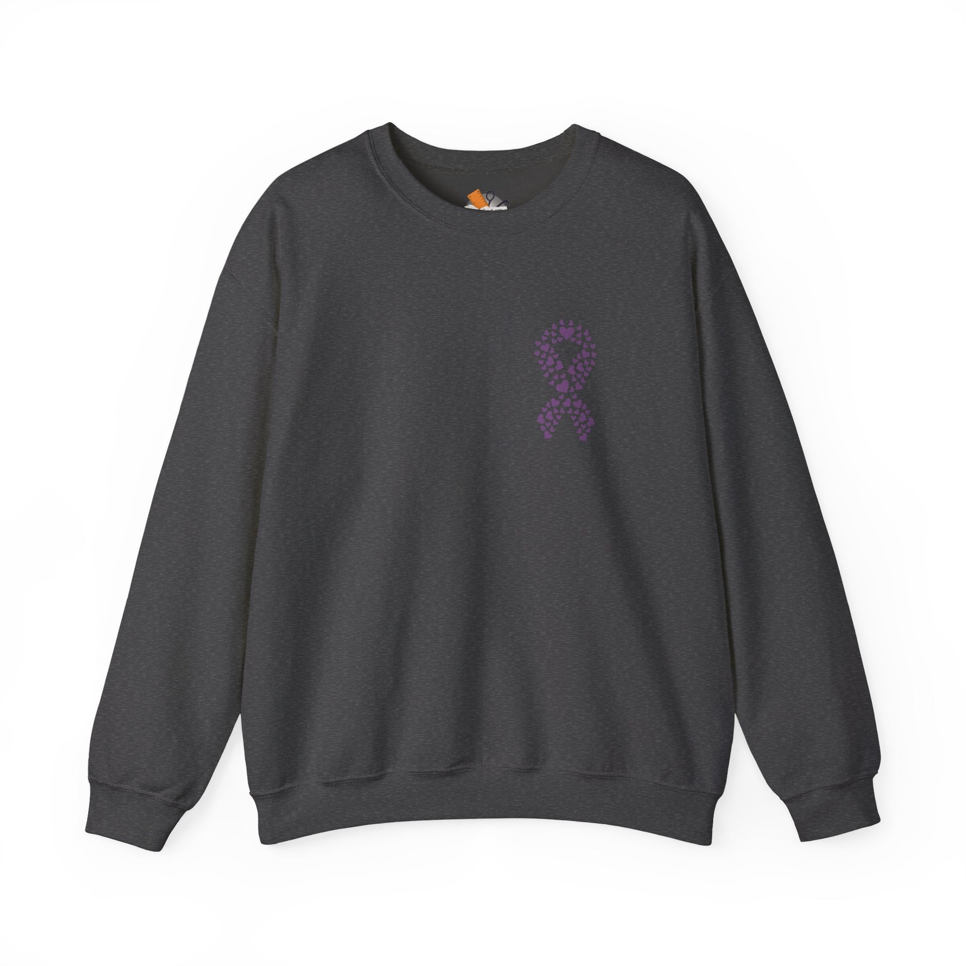 Charcoal gray domestic violence awareness crewneck sweatshirt with purple ribbon of hearts design, Makin’ It by Lady Ev.