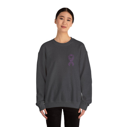 Woman wearing charcoal gray domestic violence awareness crewneck sweatshirt with purple ribbon made of hearts, Makin’ It by Lady Ev.