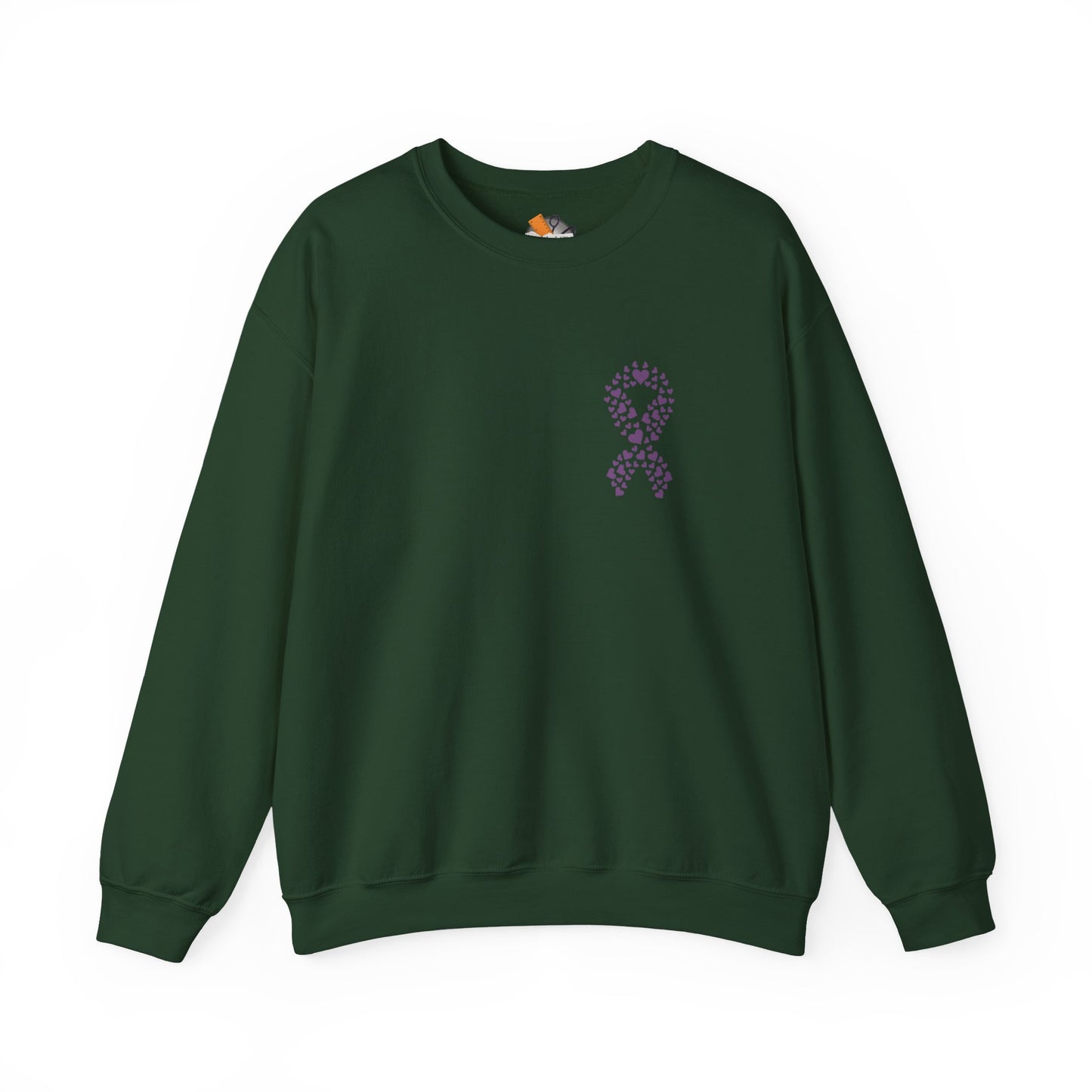 Forest green domestic violence awareness crewneck sweatshirt with purple heart-shaped ribbon design, Makin’ It by Lady Ev.