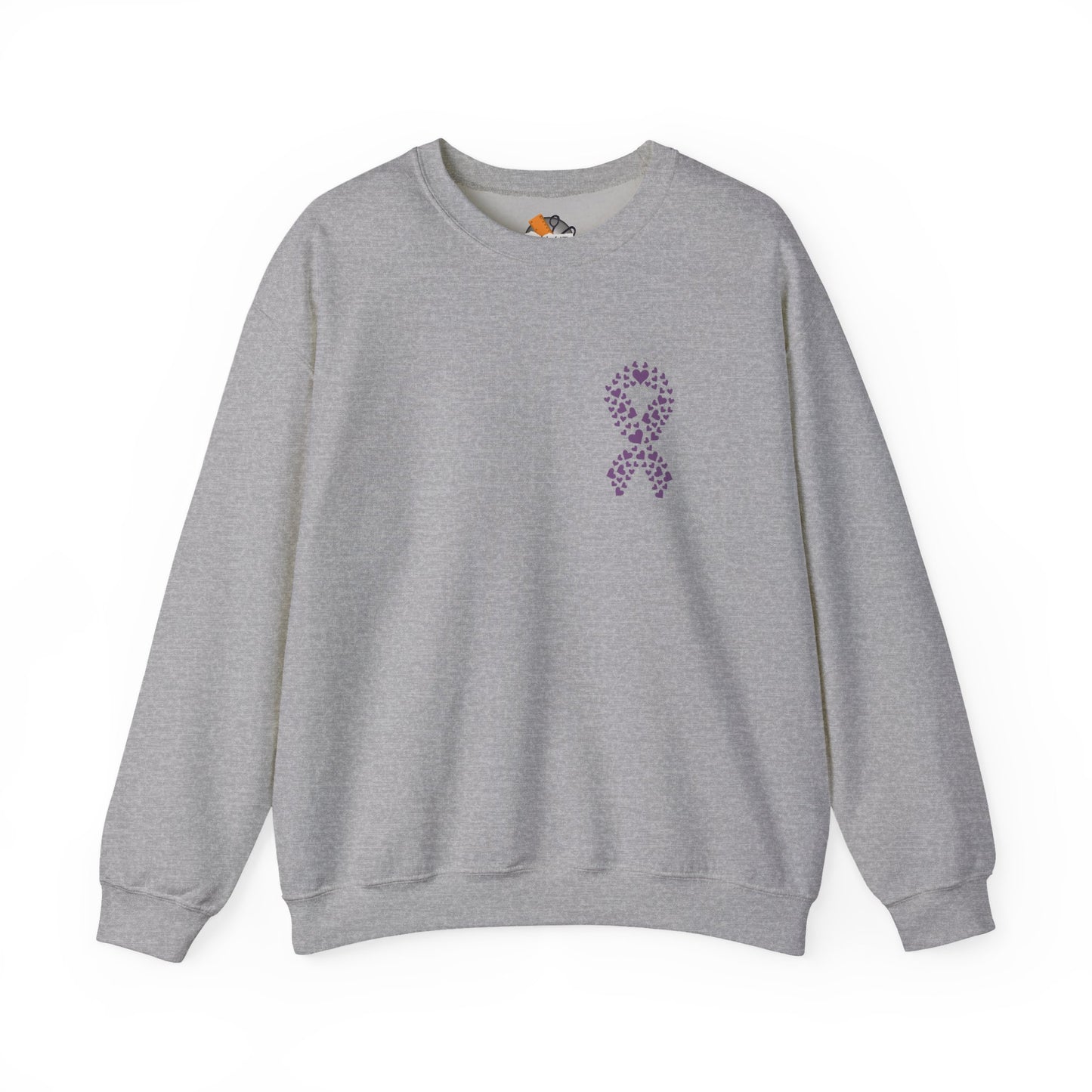 Heather gray domestic violence awareness crewneck sweatshirt with purple ribbon heart design, Makin’ It by Lady Ev.