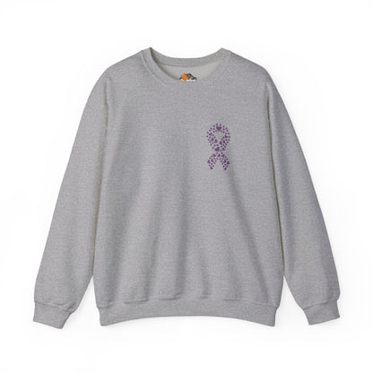 Heather gray domestic violence awareness crewneck sweatshirt with purple ribbon heart design, Makin’ It by Lady Ev.