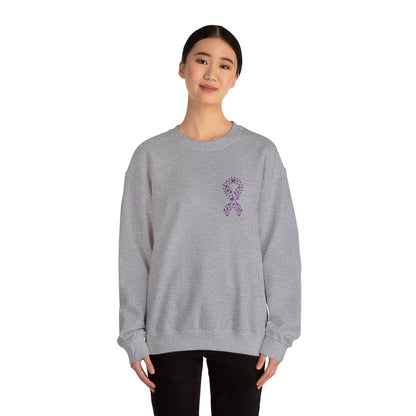 Woman wearing heather gray domestic violence awareness crewneck sweatshirt with purple heart ribbon design, Makin’ It by Lady Ev.