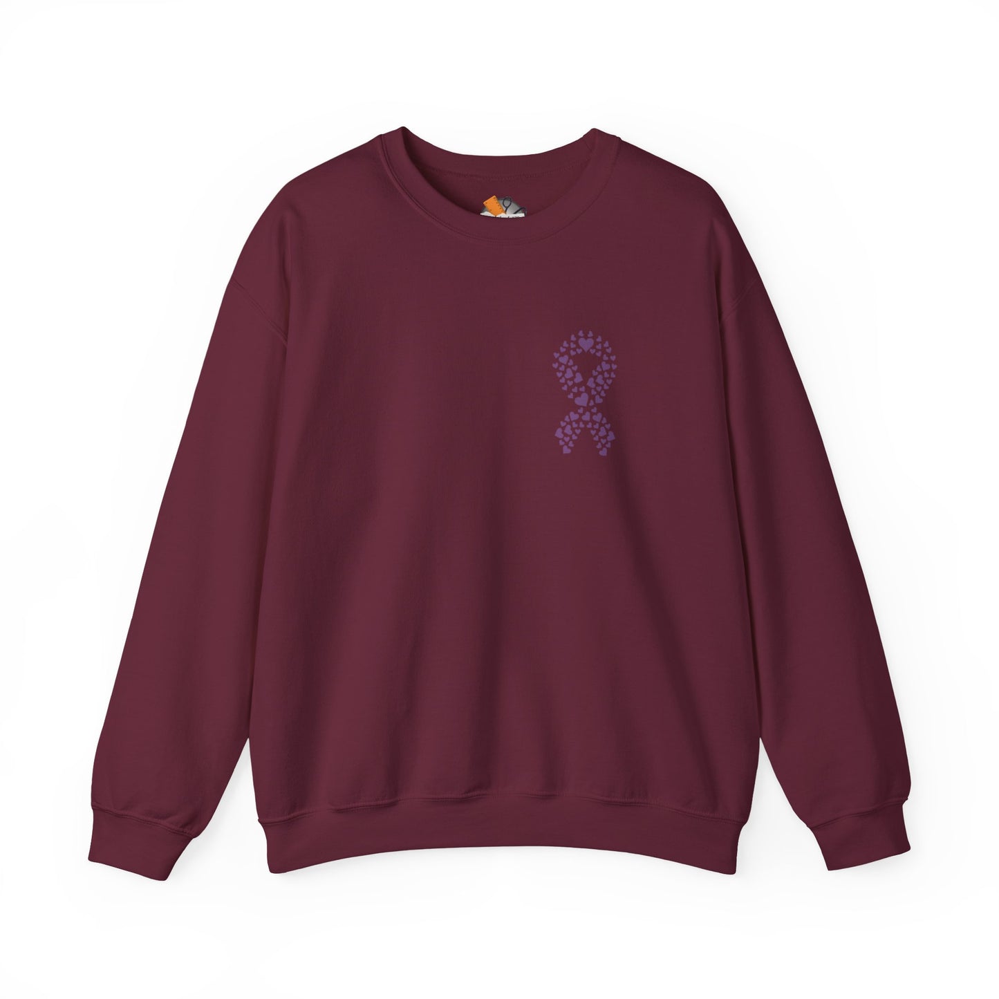 Maroon domestic violence awareness crewneck sweatshirt featuring purple ribbon made of hearts, Makin’ It by Lady Ev.