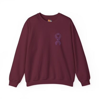 Maroon domestic violence awareness crewneck sweatshirt featuring purple ribbon made of hearts, Makin’ It by Lady Ev.