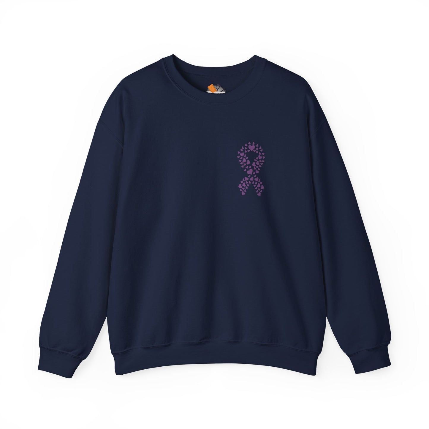 Navy blue domestic violence awareness crewneck sweatshirt featuring purple heart ribbon design, Makin’ It by Lady Ev.