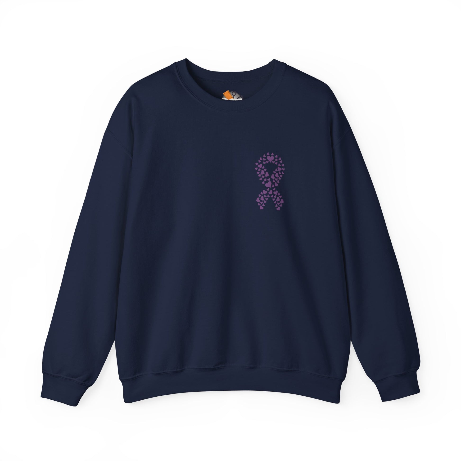 Navy blue domestic violence awareness crewneck sweatshirt featuring purple heart ribbon design, Makin’ It by Lady Ev.