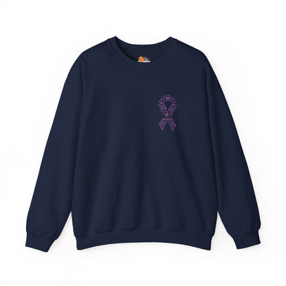 Navy blue domestic violence awareness crewneck sweatshirt featuring purple heart ribbon design, Makin’ It by Lady Ev.