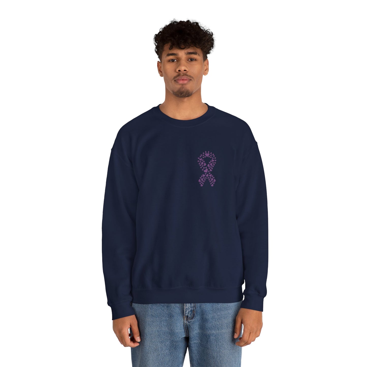 Man wearing navy blue domestic violence awareness crewneck sweatshirt featuring purple ribbon made of hearts, Makin’ It by Lady Ev.