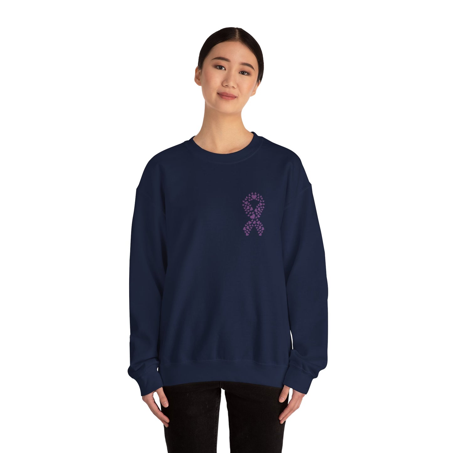 Woman wearing navy blue domestic violence awareness crewneck sweatshirt with purple heart ribbon, Makin’ It by Lady Ev.